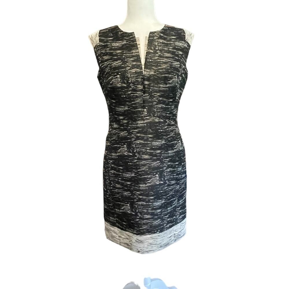 Lafayette 148 New York Size 6 Zelina Black Tan Sleeveless V Neck Sheath Dress